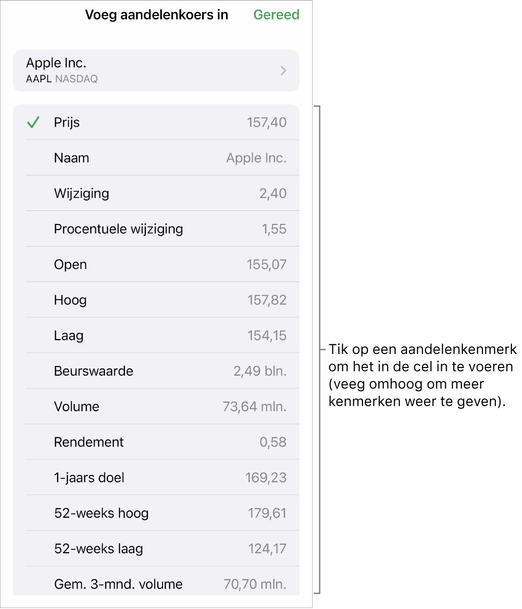 Het vensterpaneel voor de aandelenkoers, met bovenaan de naam van het aandeel, en daaronder de kenmerken die je voor het aandeel kunt selecteren, zoals prijs, naam, wijziging, procentuele wijziging en open.