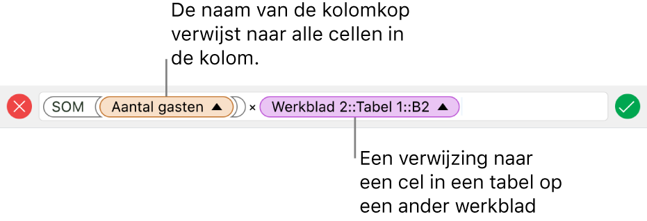 De formule-editor met een formule die verwijst naar een kolom in de ene tabel en een cel in een andere tabel.