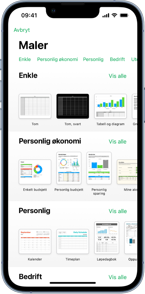 Malvelgeren med en rad med kategorier langs toppen som du kan trykke på for å filtrere alternativene. Nedenfor vises miniatyrbilder av forhåndsdesignede maler arrangert i rader etter kategori, med Sist brukte øverst, etterfulgt av Enkel og Personlig økonomi. En Vis alle-knapp vises over og til høyre for hver kategorirad. Språk og region-knappen er øverst til høyre.