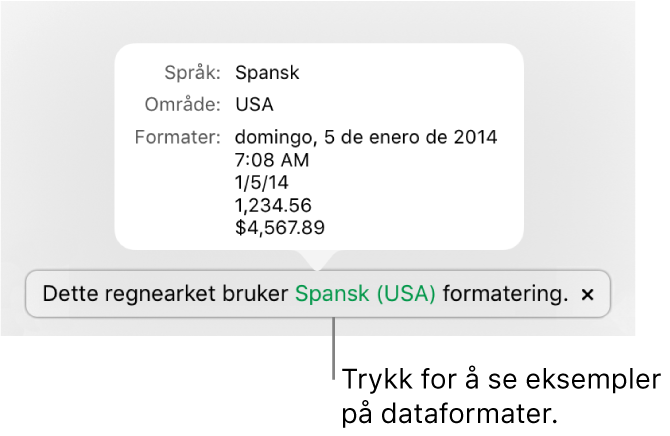 Varsling som viser en annen språk- og regionsinnstilling, med eksempler på formatering for det språket og den regionen.