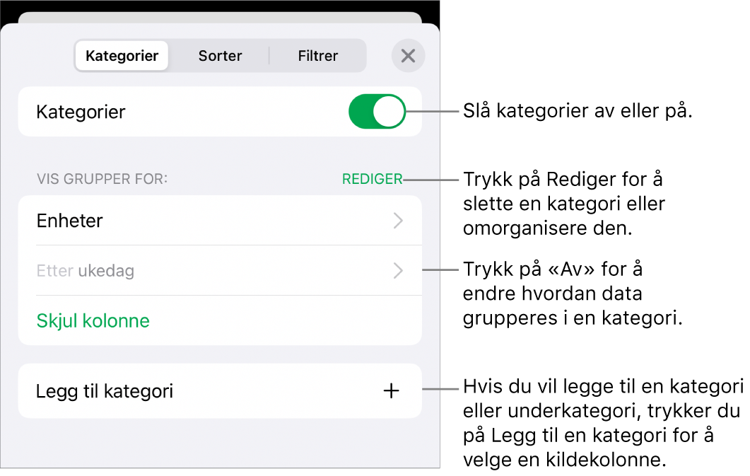 Kategorier-menyen for iPhone med alternativer for å slå av kategorier, slette kategorier, omgruppere data, skjule en kildekolonne og legge til kategorier.