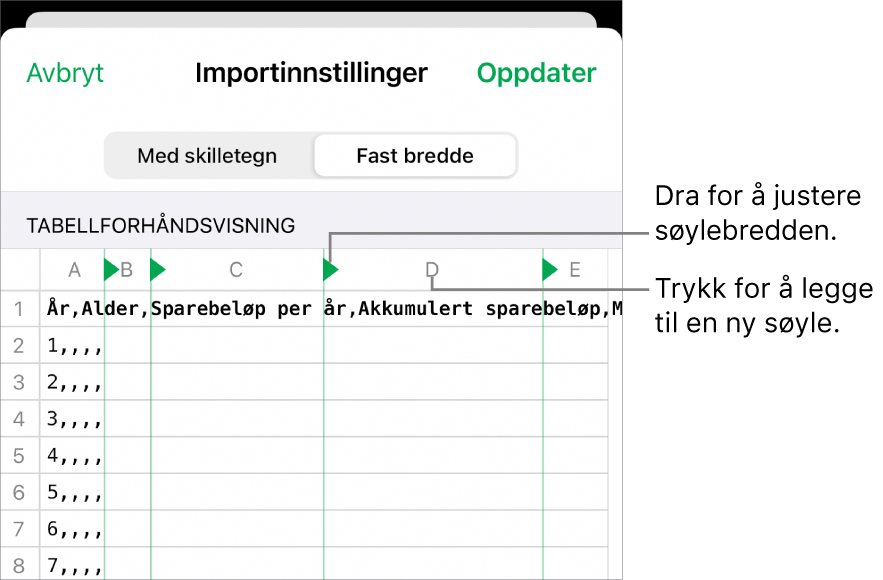 Importinnstillingene for en tekstfil med fast bredde.