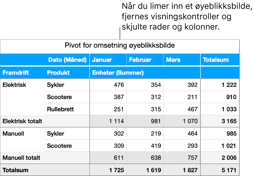 Et øyeblikksbilde av en pivottabell