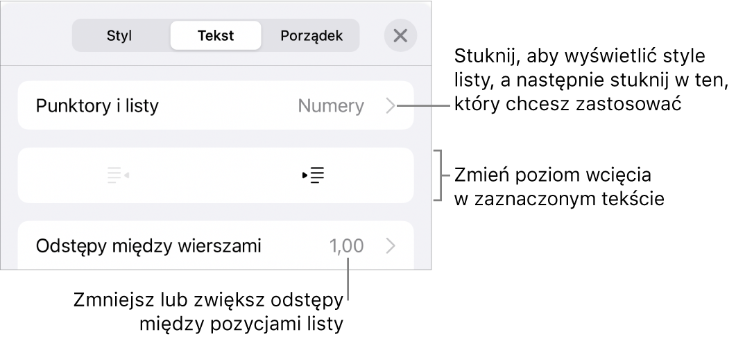 Sekcja Punktory i listy w narzędziach Format. Objaśnienia wskazują przyciski Punktory i listy, Wysunięcie oraz Wcięcie, a także narzędzia odstępów między wierszami.