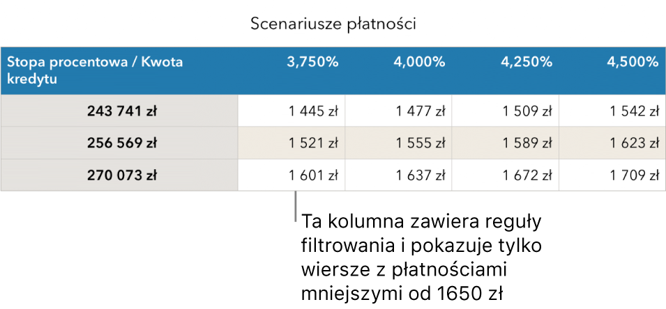 Tabela kredytu hipotecznego po filtrowaniu w celu wyświetlenia przystępnych rat.