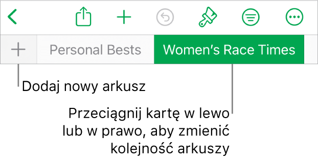 Pasek kart pozwalający na dodawanie nowego arkusza, nawigowanie, zmienianie kolejności i porządkowanie arkuszy.