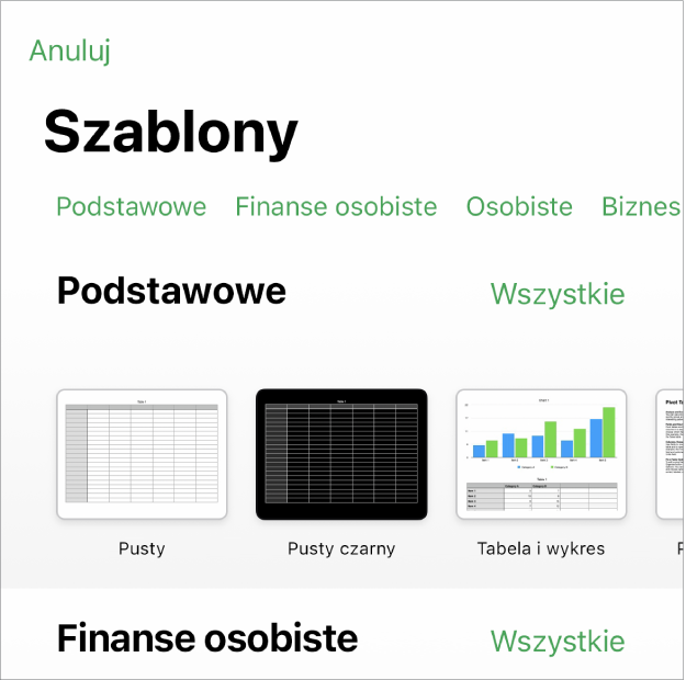 Paleta szablonów z widocznym na górze wierszem kategorii, w które możesz stuknąć, aby filtrować dostępne szablony. Poniżej widoczne są miniaturki gotowych szablonów uporządkowane wierszami według kategorii, zaczynając od widocznej na górze kategorii Ostatnie, po której następuje kategoria Podstawowe. Po prawej stronie nad każdym wierszem kategorii widoczny jest przycisk Zobacz wszystkie. W prawym górnym rogu widoczny jest przycisk Język i region.