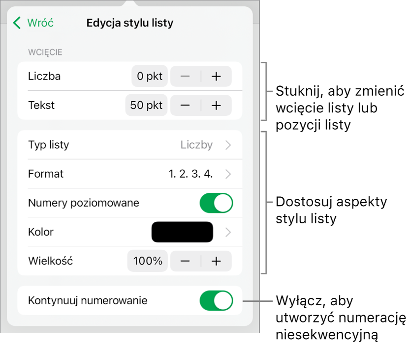 Menu Edycja stylu listy z narzędziami sterującymi wielkością wcięcia, typem i formatem listy, numerami warstw, kolorem i rozmiarem listy oraz numeracją ciągłą.