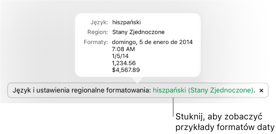 Powiadomienie o różnicy ustawień dotyczących języka i regionu, pokazujące przykłady formatowania używanego w wybranym języku i regionie.