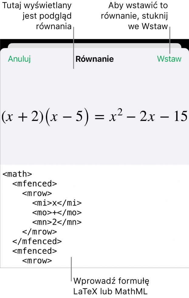 Pole dialogowe Równanie, zawierające równanie zapisane przy użyciu języka MathML. Powyżej widoczny jest podgląd tego równania.