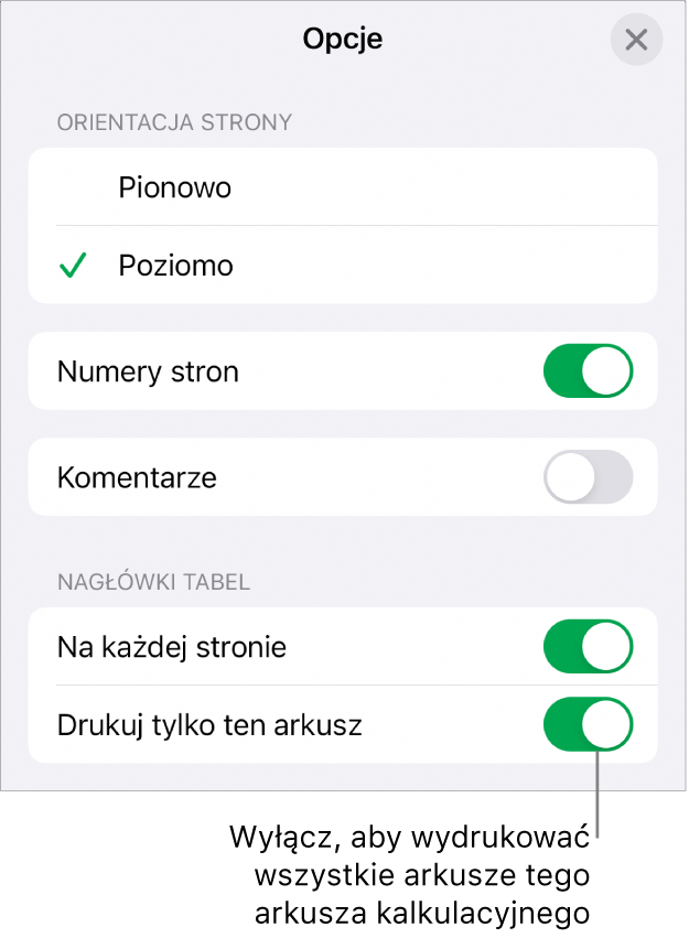 Opcje drukowania, pozwalające wybrać orientację strony, pokazywanie numerów stron, pokazywanie nagłówków, rozmiar papieru oraz które strony mają zostać wydrukowane.