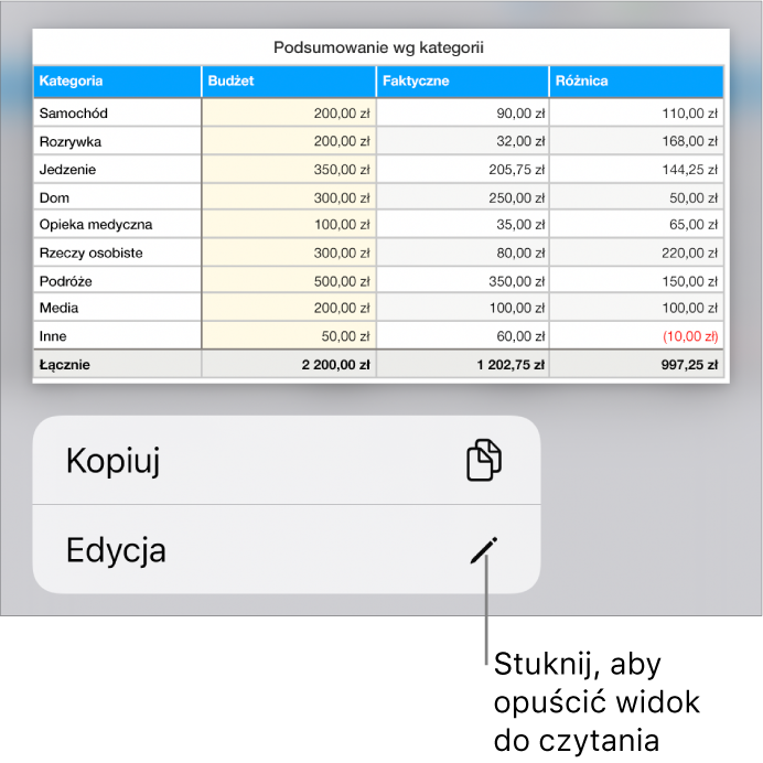 Zaznaczona tabela z widocznym poniżej menu zawierającym przyciski Kopiuj oraz Edycja.