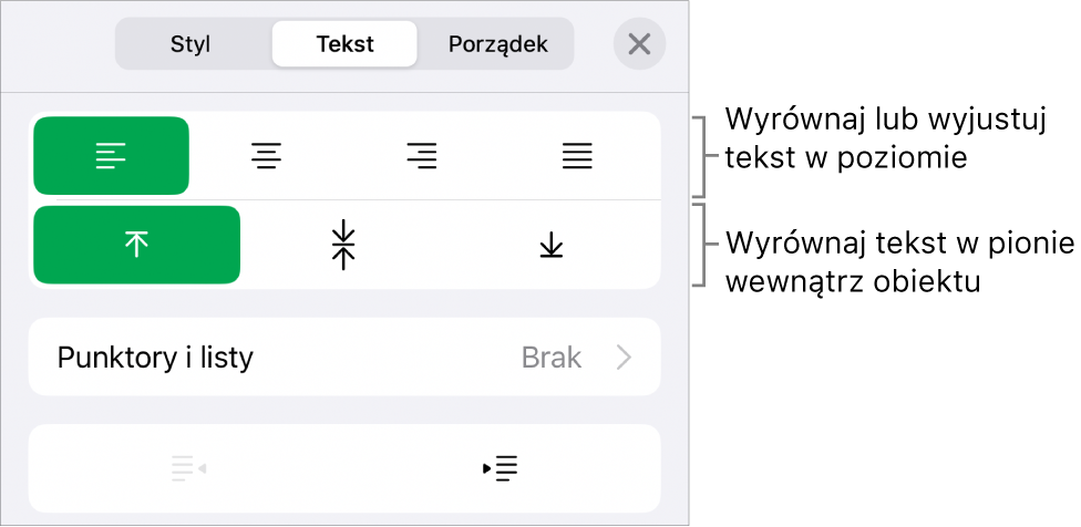 Sekcja Makieta na pasku bocznym Format z opisami wskazującymi przyciski wyrównania i odstępów tekstu.