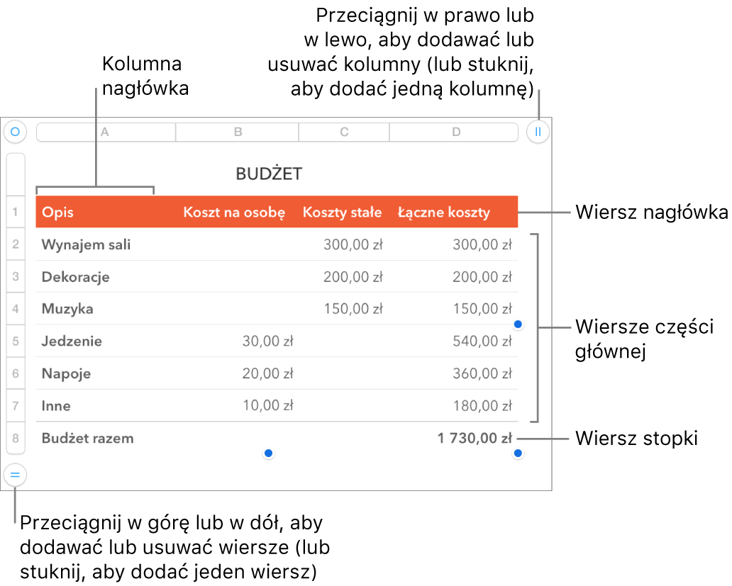 Tabela z wierszami i kolumnami nagłówka, części głównej i stopki oraz uchwytami dodawania lub usuwanie wierszy lub kolumn.