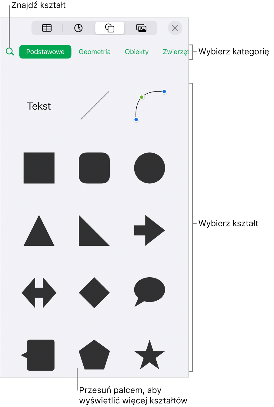 Biblioteka kształtów, na górze widoczne są kategorie, a na dole kształty. Możesz użyć znajdującego się na górze pola wyszukiwania, aby wyszukiwać kształty. Przesuń, aby zobaczyć ich więcej.