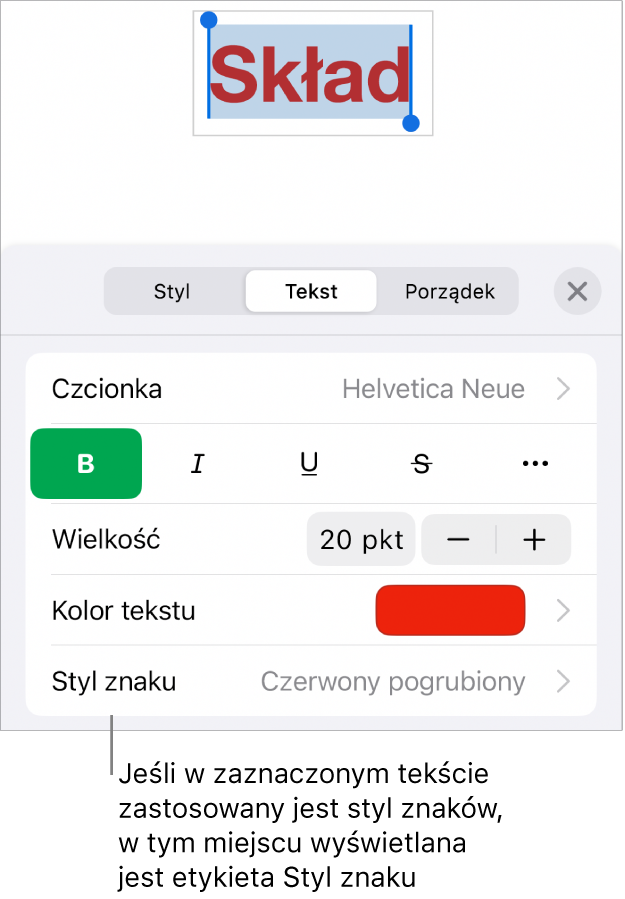 Narzędzia formatowania tekstu oraz menu stylów znaków widoczne poniżej narzędzi koloru. Styl znaków Brak wyświetlany jest z gwiazdką.