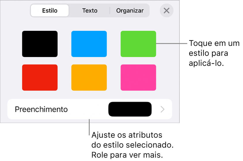 Aba Estilo do menu Formatar, com estilos de formas na parte superior e um quadro de cores de preenchimento abaixo.