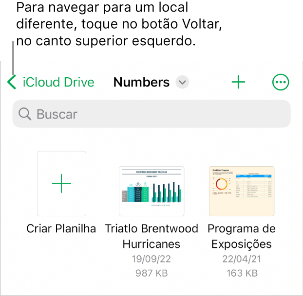 A visualização de navegação do gerenciador de planilhas com um link de local no canto superior esquerdo e abaixo um campo de Busca. No canto superior direito estão o botão Adicionar Planilha e o botão Mais. Na parte inferior da tela estão o botão Recentes e o botão Explorar.