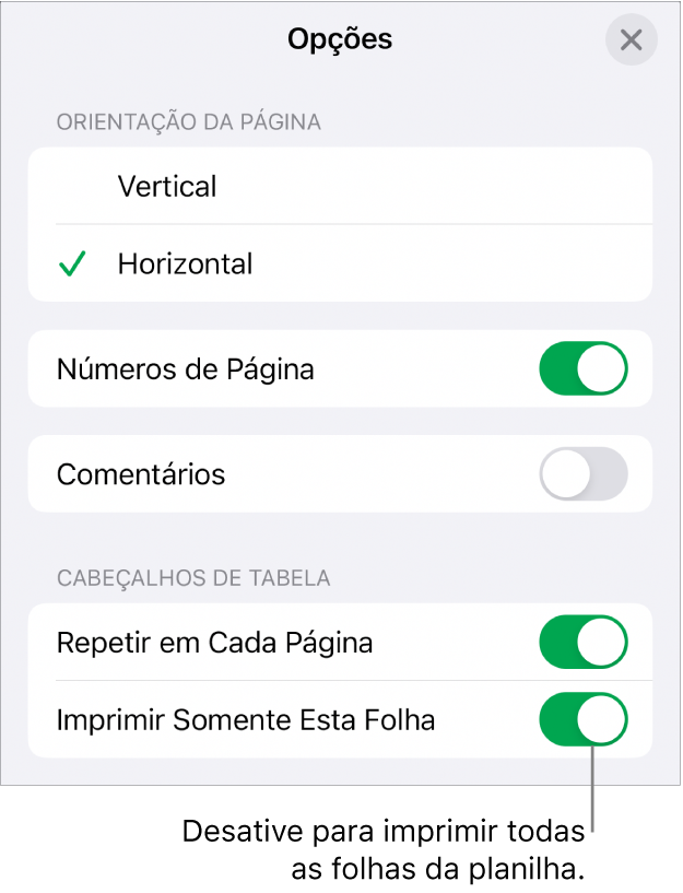 Opções de impressão para escolher a orientação da página, mostrar números e cabeçalhos de páginas, e escolher o tamanho do papel e quais páginas imprimir.