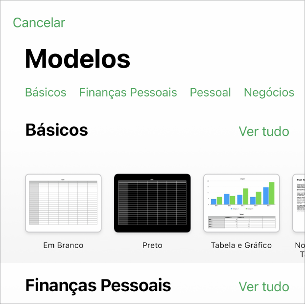 Seletor de modelos, mostrando uma linha de categorias na parte superior na qual você pode tocar para filtrar as opções. Abaixo estão miniaturas de modelos predefinidos organizadas em linhas por categoria, começando com Recentes na parte superior e seguidas por Básico. O botão Ver Tudo aparece acima e à direita de cada linha de categoria. O botão Idioma e Região está no canto superior direito.