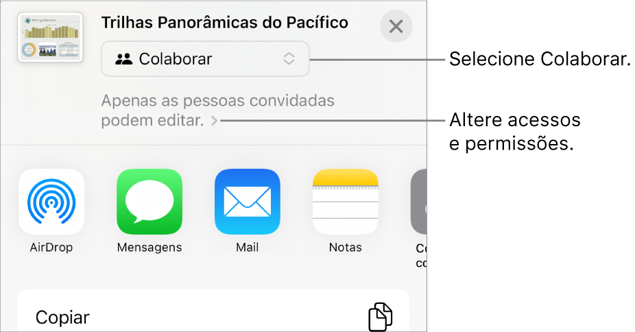 Menu Compartilhar com Colaborar selecionado na parte superior e os ajustes de acesso e permissão abaixo.