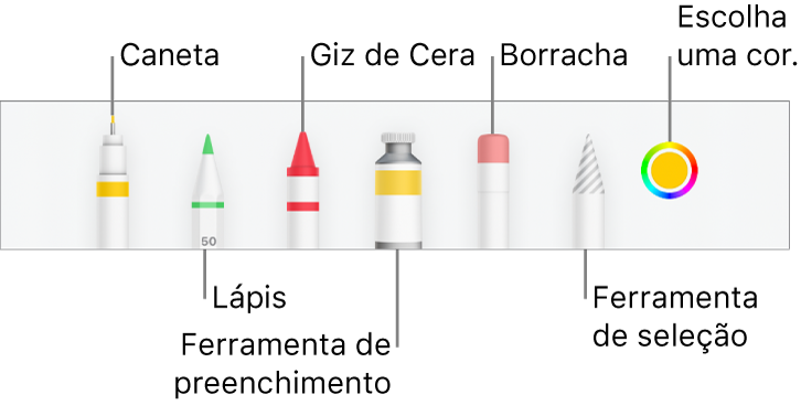 Barra de ferramentas de desenho no Numbers do iPhone com caneta, lápis, giz de cera, ferramenta de preenchimento, borracha, ferramenta de seleção e quadro de cores mostrando a cor atual.