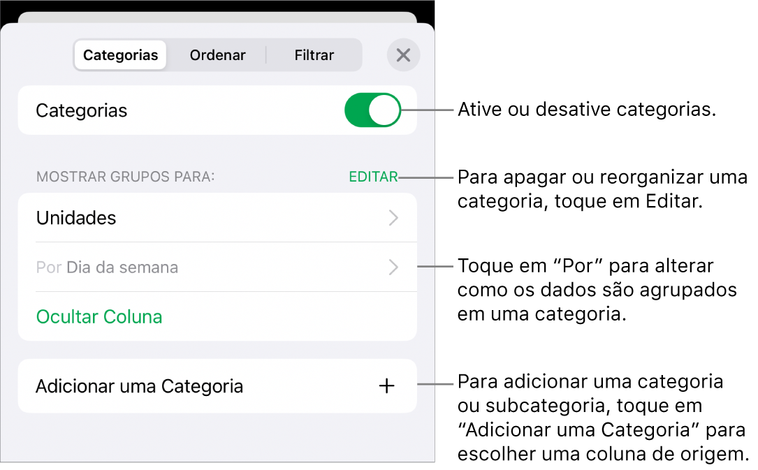 O menu Categorias para o iPhone com opções para desativar categorias, apagar categorias, reagrupar dados, ocultar uma coluna de origem e adicionar categorias.