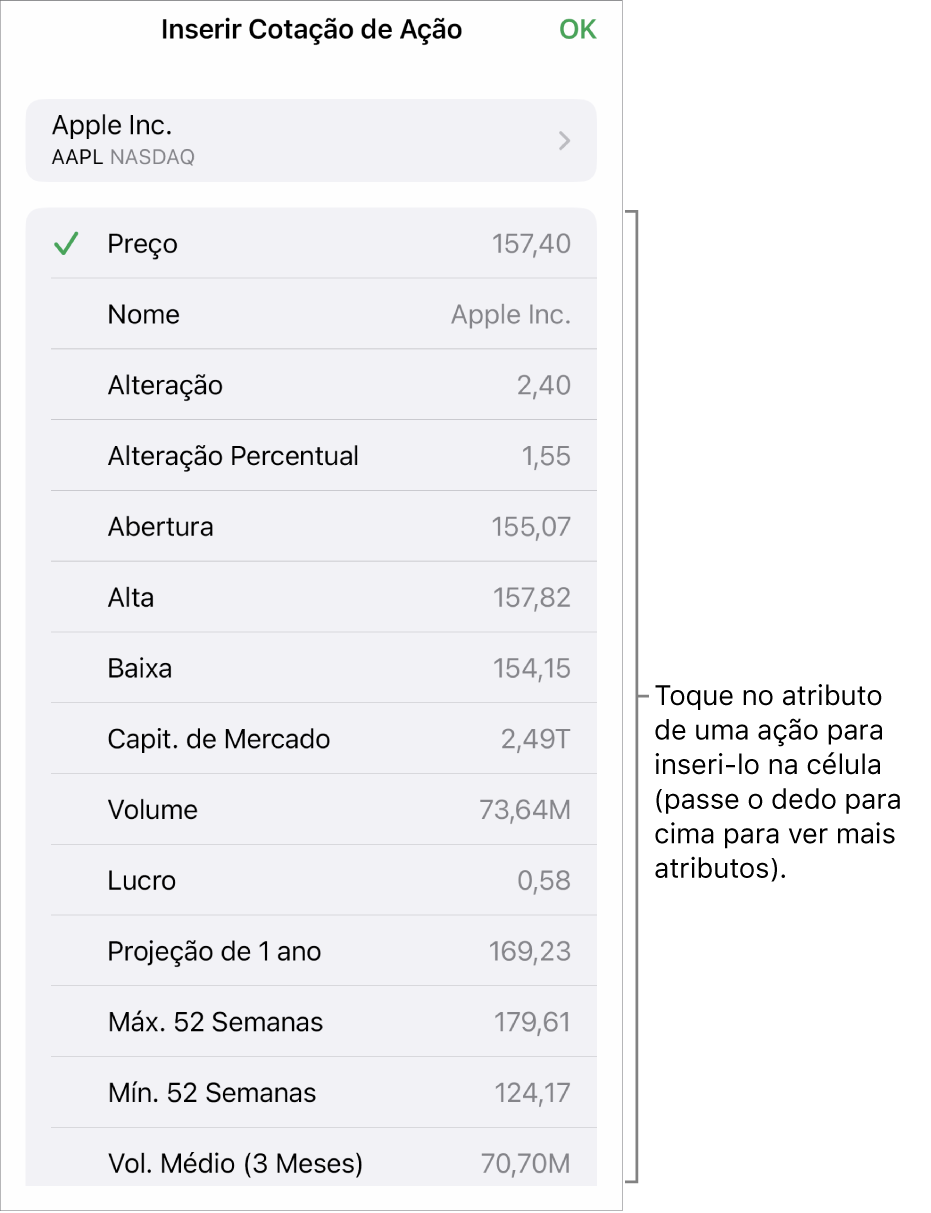 O popover de Cotação da Ação com o nome da ação acima e atributos de ação selecionáveis em lista abaixo, incluindo preço, nome, alteração, alteração percentual e abertura.