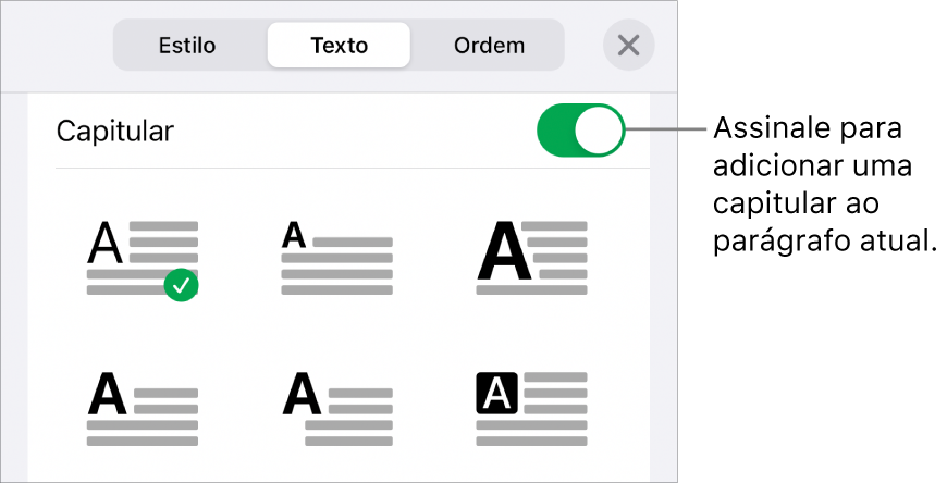 Os controlos de capitular localizados na parte inferior do menu Texto.