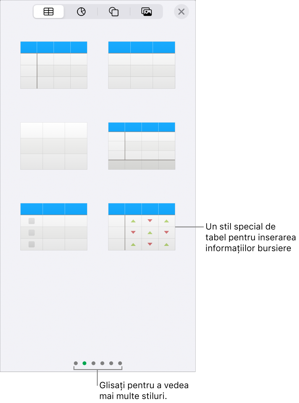 Miniaturi ale stilurilor de tabel disponibile, cu un stil special pentru introducerea informațiilor bursiere în colțul din dreapta jos. Cele șase puncte din partea de jos indică faptul că puteți glisa pentru a vedea mai multe stiluri.