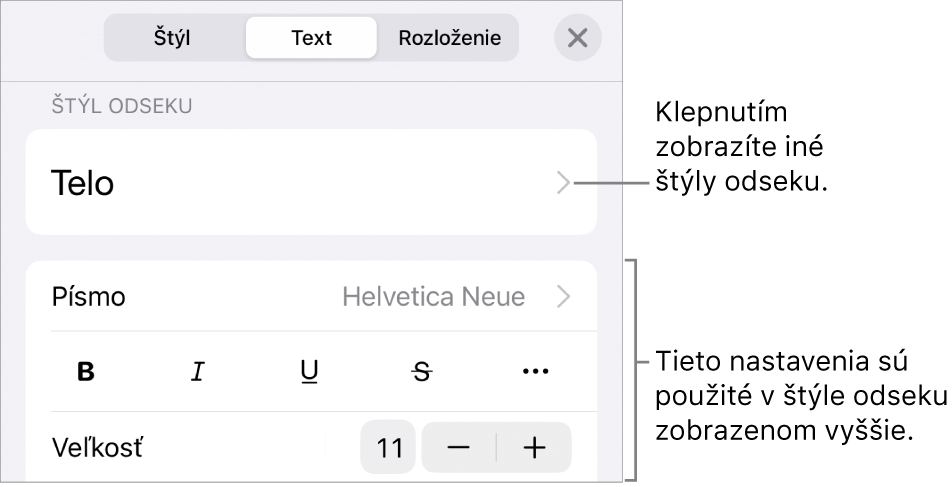 Menu Formát zobrazujúce ovládacie prvky pre nastavenie štýlov odseku a znakov, písma, veľkosti a farby.