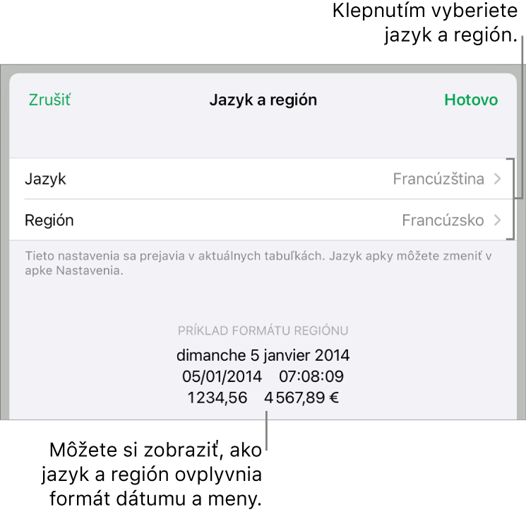Panel Jazyk a región s ovládacími prvkami pre jazyk a región a príklad formátu dátumu, času, desatinného znaku a meny.
