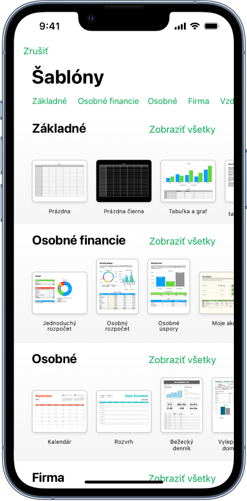 Výber šablón zobrazujúci v hornej časti riadok kategórií, na ktoré môžete klepnúť a filtrovať tak možnosti. Nižšie sú miniatúry preddefinovaných šablón zoradených podľa kategórií do riadkov. Zoznam začína v hornej časti kategóriou Posledné a nasledujú Základné a Osobné financie. V hornej časti napravo od každého riadka kategórie sa zobrazí tlačidlo Zobraziť všetky. Tlačidlo Jazyk a Región sa nachádza v pravom hornom rohu.