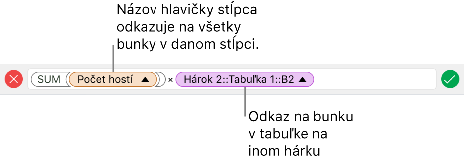 Editor vzorcov so zobrazeným vzorcom odkazujúcim na stĺpec v jednej tabuľke a bunku v druhej tabuľke.