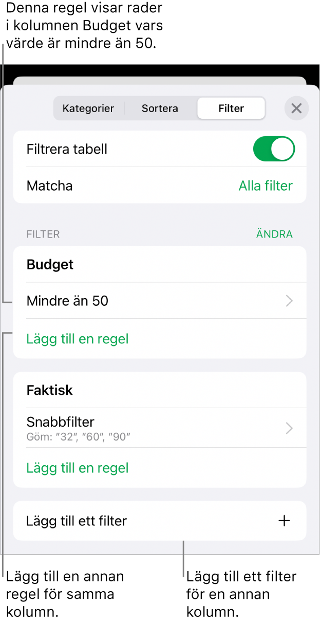 Reglage för att lägga till nya filtreringsregler eller redigera befintliga.