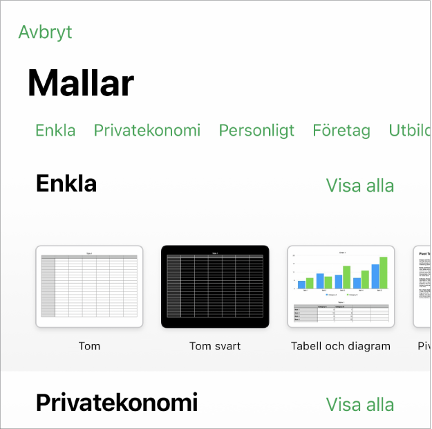 Längs överkanten i mallväljaren visas en rad med kategorier som du kan trycka på om du vill filtrera alternativen. Nedanför finns miniatyrer av fördesignade mallar som är ordnade i rader efter kategorier. Högst upp visas Senaste, följt av Enkla. Knappen Visa alla syns ovanför och till höger om varje kategorirad. Knappen för språk och region finns i övre högra hörnet.