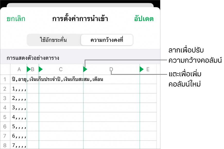 การตั้งค่าการนำเข้าสำหรับไฟล์ข้อความที่ความกว้างคงที่