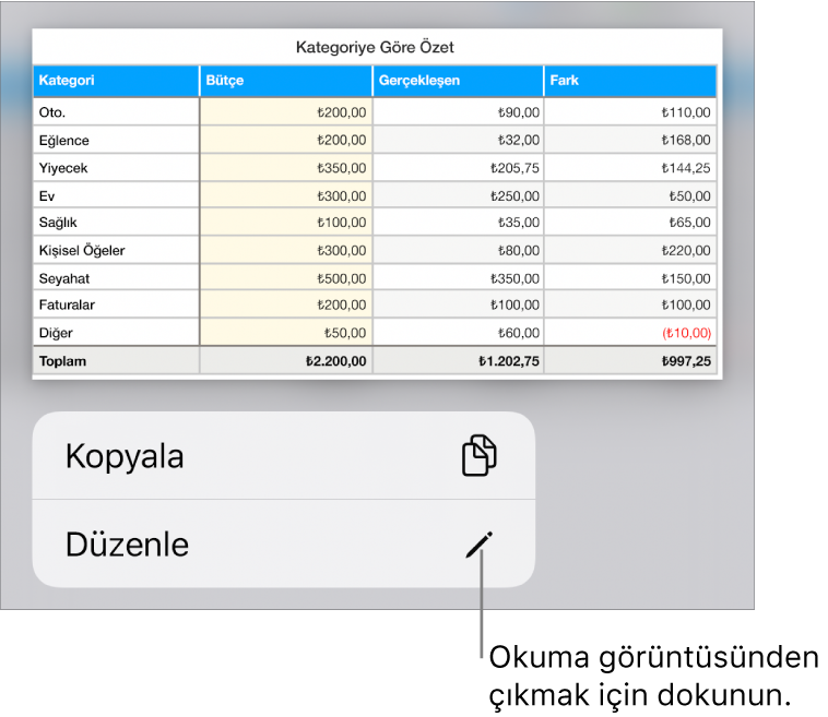 Bir tablo seçilir, altında Kopyala ve Düzen düğmeleri ile bir menü bulunur.