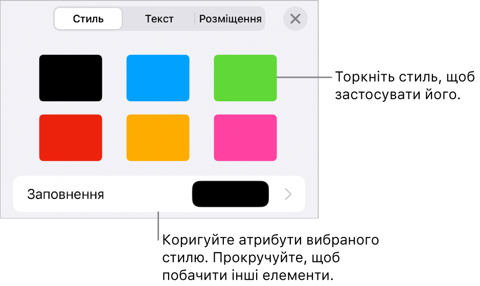 Вкладка «Стиль» в меню «Формат» зі стилями об’єктів угорі та елемент керування для змінення заповнення внизу.