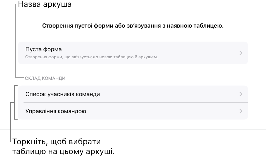 Перелік наявних таблиць в електронній таблиці та опція для створення чистої форми вгорі.