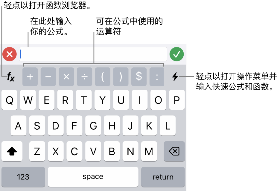 公式键盘，其中公式编辑器位于顶部，公式中所用的运算符显示在下方。用来打开函数浏览器的“函数”按钮位于运算符左边，“操作菜单”按钮位于运算符右边。