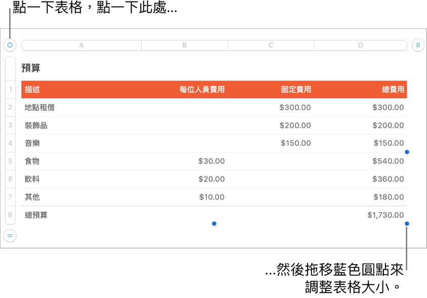 選取的表格，帶有調整大小的藍色圓點。