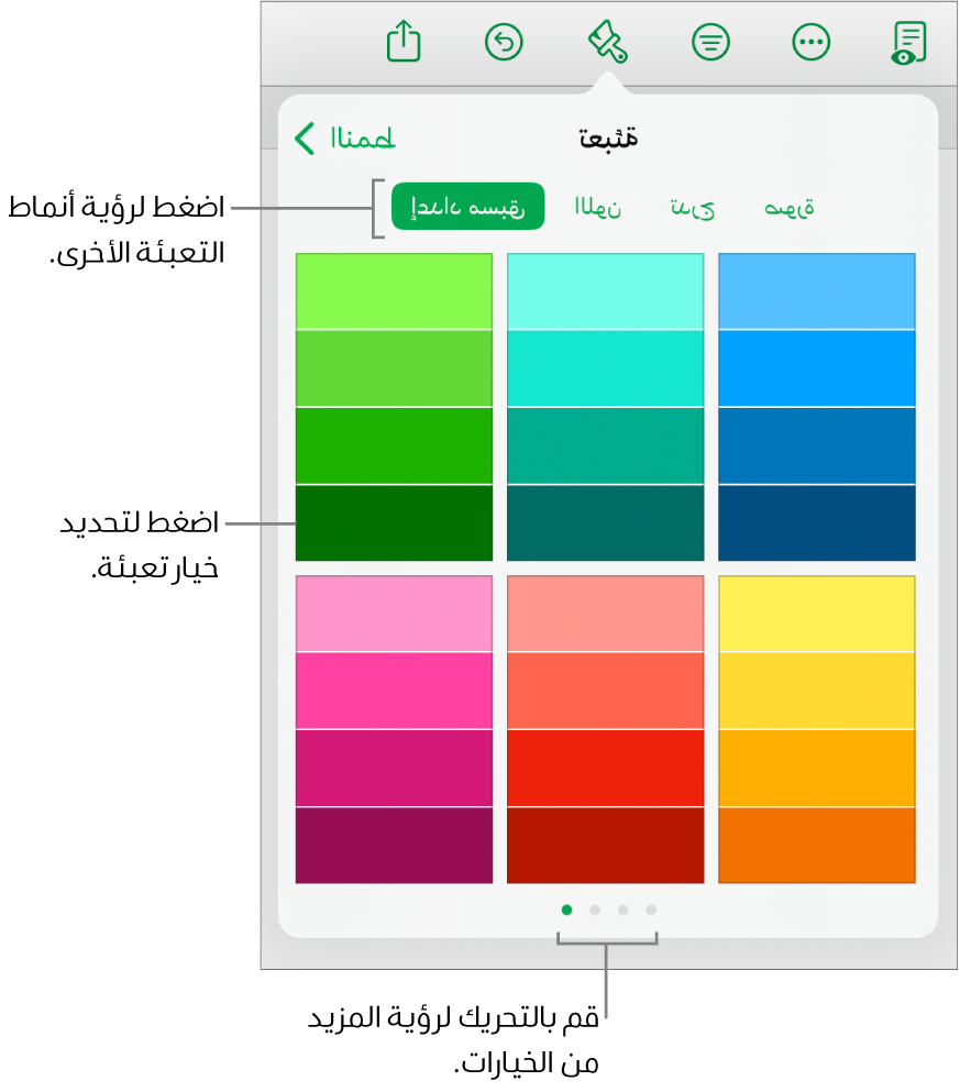 خيارات تعبئة في علامة تبويب النمط الخاص بزر التنسيق.