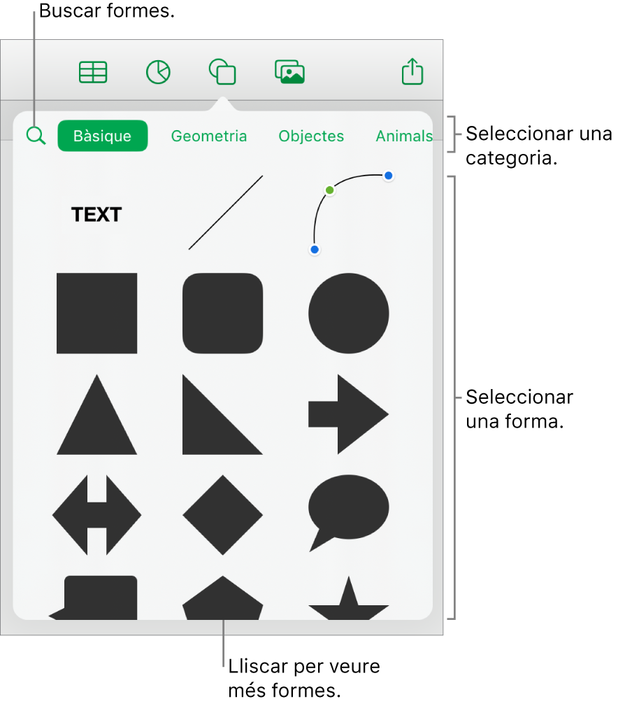 La biblioteca de formes, amb categories a la part superior i les formes a sota. Pots utilitzar el camp de cerca situat a la part superior per trobar formes i passar el dit per veure’n més.