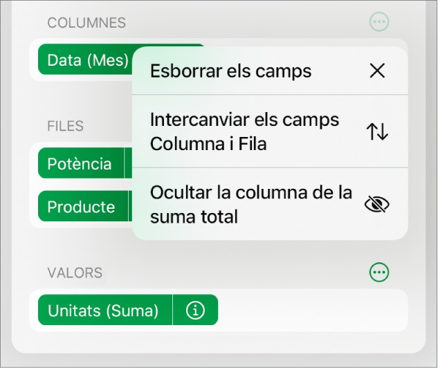 El menú “Més opcions de camp”, que mostra els controls per ocultar les sumes totals, intercanviar els camps de fila i de columna i esborrar els camps.