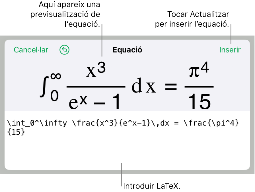 El quadre de diàleg Equació amb una equació escrita amb ordres LaTeX i una previsualització de la fórmula al damunt.