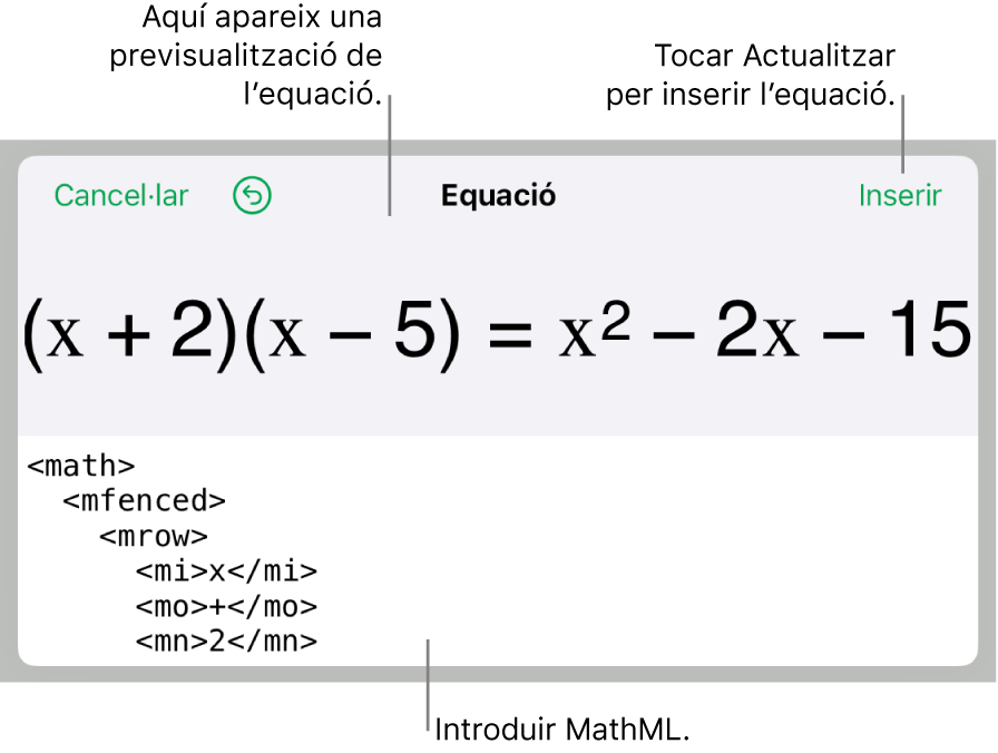 El quadre de diàleg Equació amb una equació escrita amb les ordres MathML i una previsualització de la fórmula al damunt.