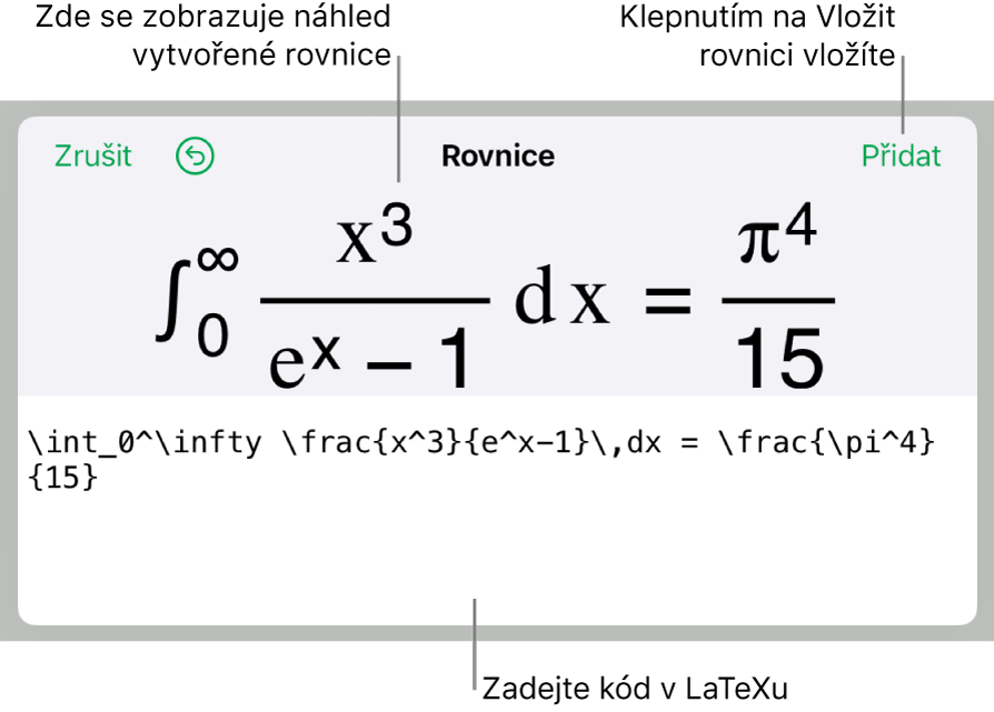 Dialogové okno Rovnice, v němž se zobrazuje zápis rovnice pomocí příkazů LaTeXu a nad ním náhled výsledného vzorce