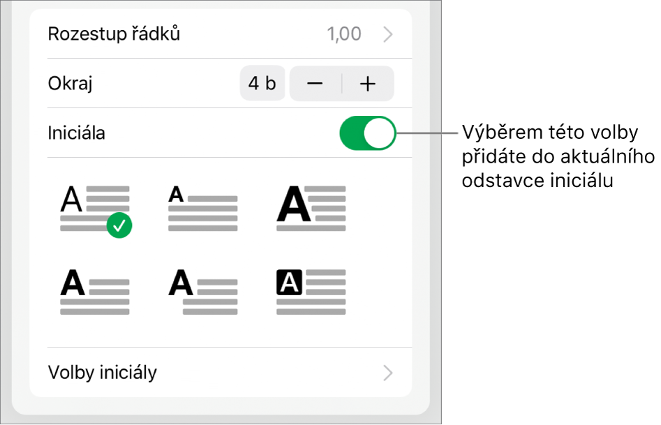 Ovládací prvky pro volbu Iniciála dole v nabídce Text