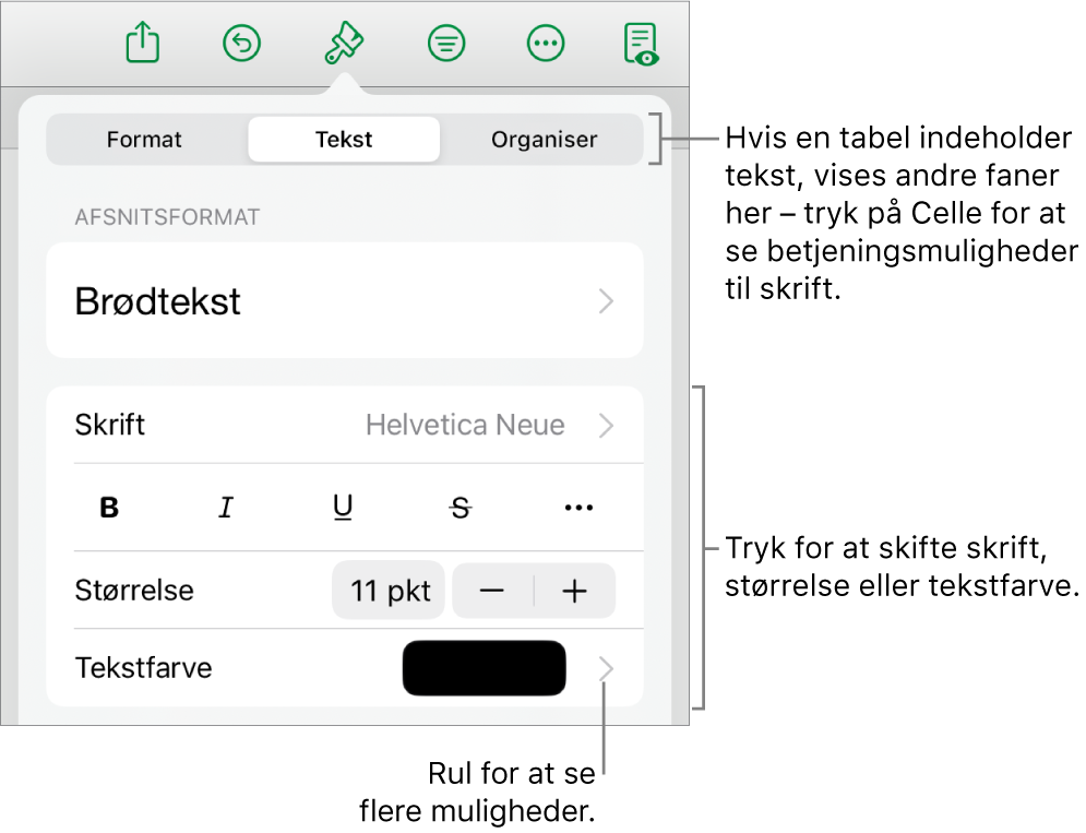 Betjeningsmuligheder til tekst på Formatmenuen til indstilling af afsnits- og tegnformater, skrift, skriftstørrelse og farve.